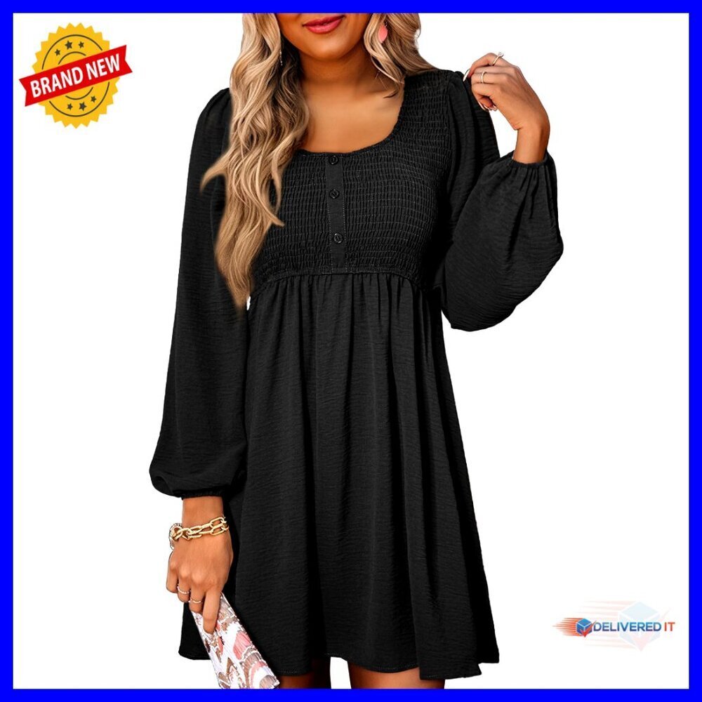 Smocked Empire Waist Mini Dress Long Sleeve Button Up A-Line Chic Casual